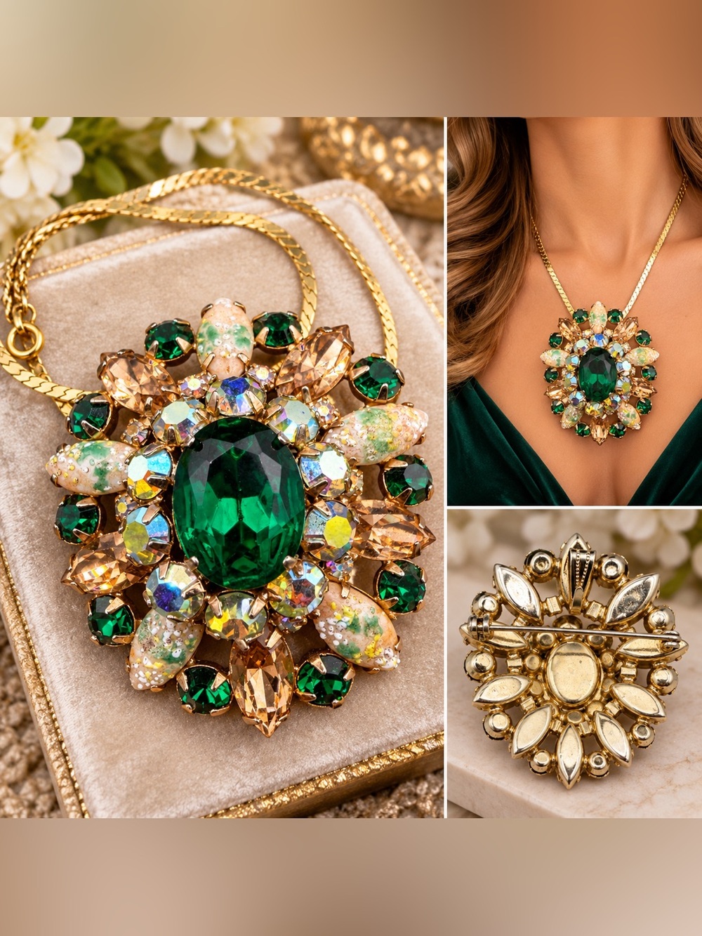 Vintage Statement Brooch Pendant Necklace Emerald Green Rhinestone Floral